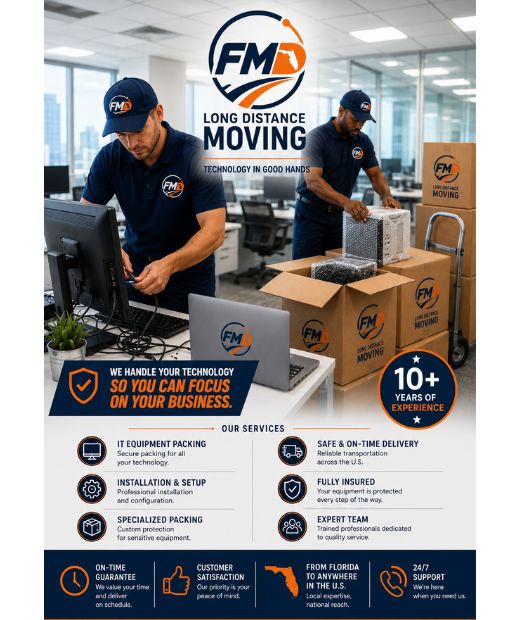 Commercial movers in Florida carefully packing IT equipment and office furniture for relocation