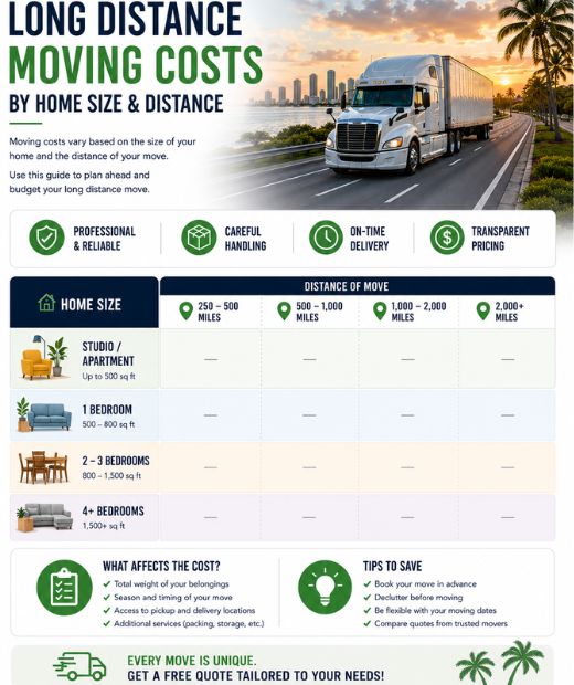 Long distance moving cost guide from Florida — price ranges by home size and distance 2026