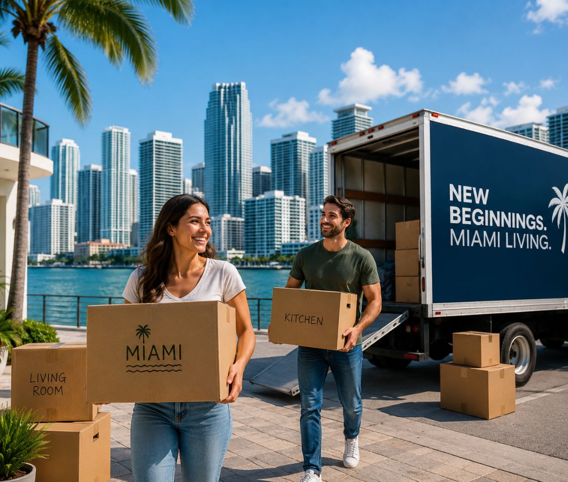 Happy couple moving into a new home in Miami with modern moving truck and Miami skyline – trusted Miami movers and relocation services