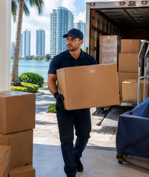 Professional mover carrying moving box outside a waterfront home in Miami with moving truck and city skyline in the background, movers in Miami