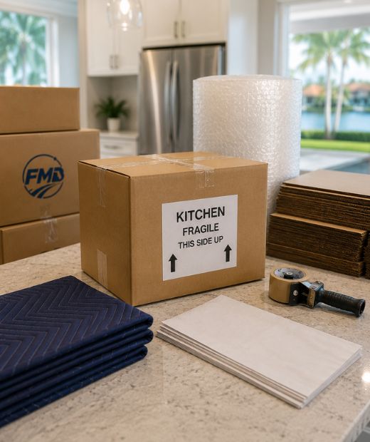 Professional packing materials used by Florida movers — boxes, bubble wrap, and packing paper